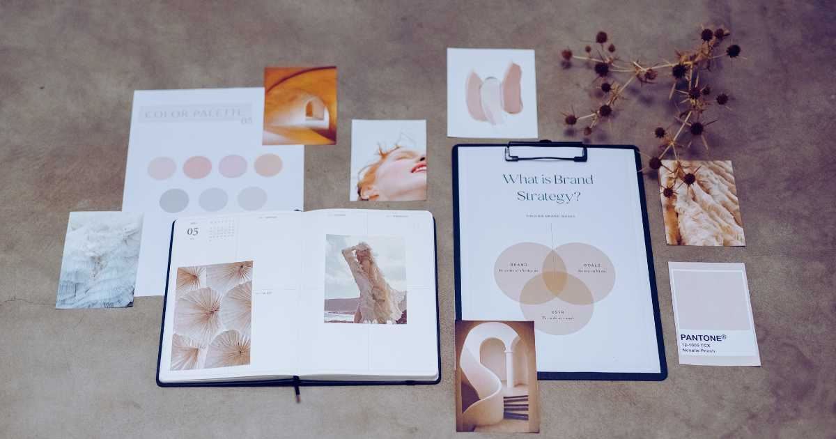 Overhead shot of branding elements on a desk